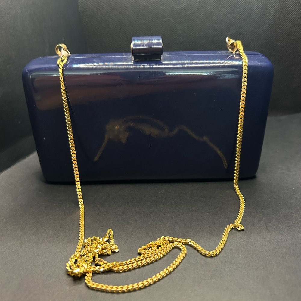 Vintage Hardcase Dorca Navy Blue Clutch with Gold Chain Made in Spain